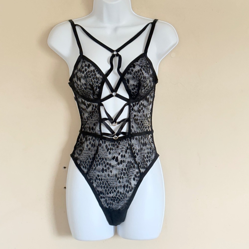 Victoria's Secret Very Sexy Snake Lace Triangle Teddy Black Strappy Lingerie